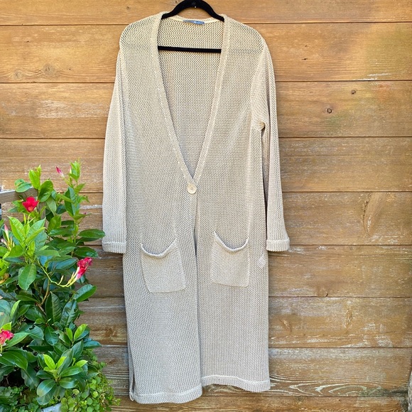Signature Weekend Tan Loose Knit Cardigan Duster with Pockets - Picture 1 of 9